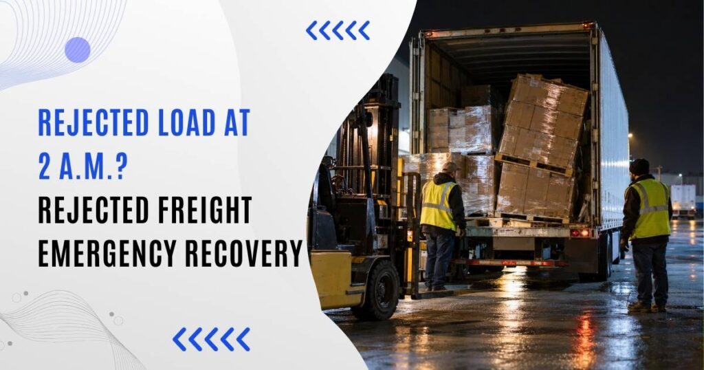 Rejected freight emergency recovery with workers inspecting shifted cargo at night.